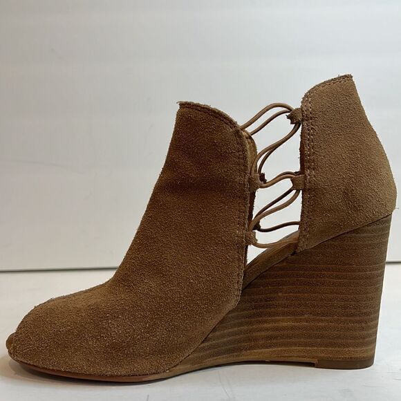 Lucky Brand Reevas Peep Toe Wedge Camel Suede Booties Size 8.5 - Picture 13 of 14